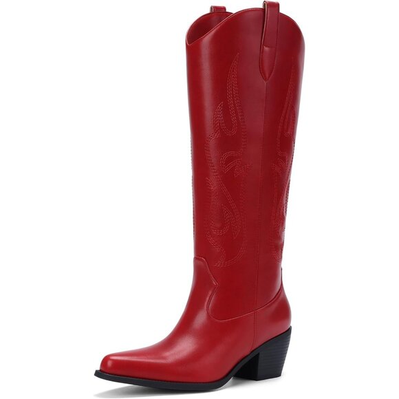 Women Faux Leather Dark Red Embroidered Knee High Pointed Toe Chunky Heel Boot - Picture 1 of 5